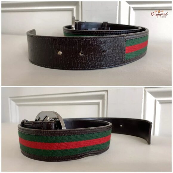 Authentic Gucci Web Green/Red Canvas Silver Interlocking G Buckle Belt 85/34 - Picture 11 of 12